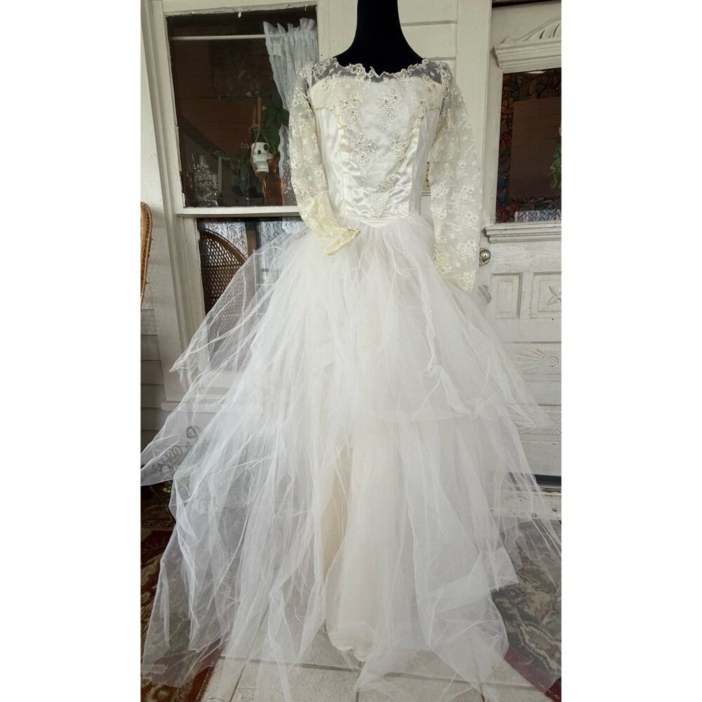 Vintage 50's Tulle Lace Tiered Cupcake Wedding Dress Beading Sequins Sz Small